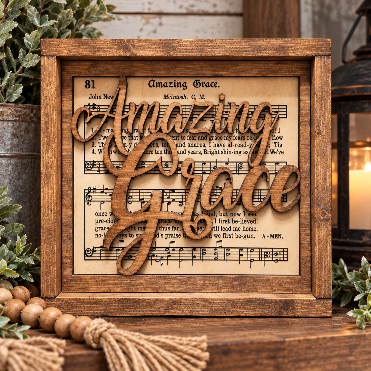 Amazing Grace Wood Sign – 12x12 Rustic Farmhouse Christian Décor