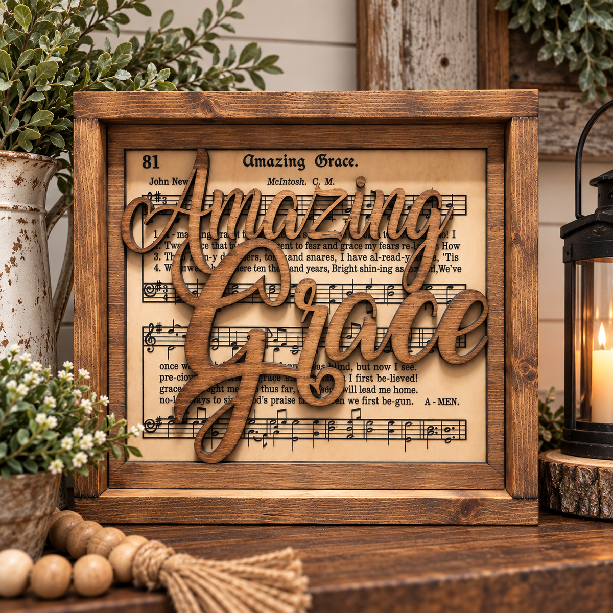 Amazing Grace Wood Sign – 12x12 Rustic Farmhouse Christian Décor