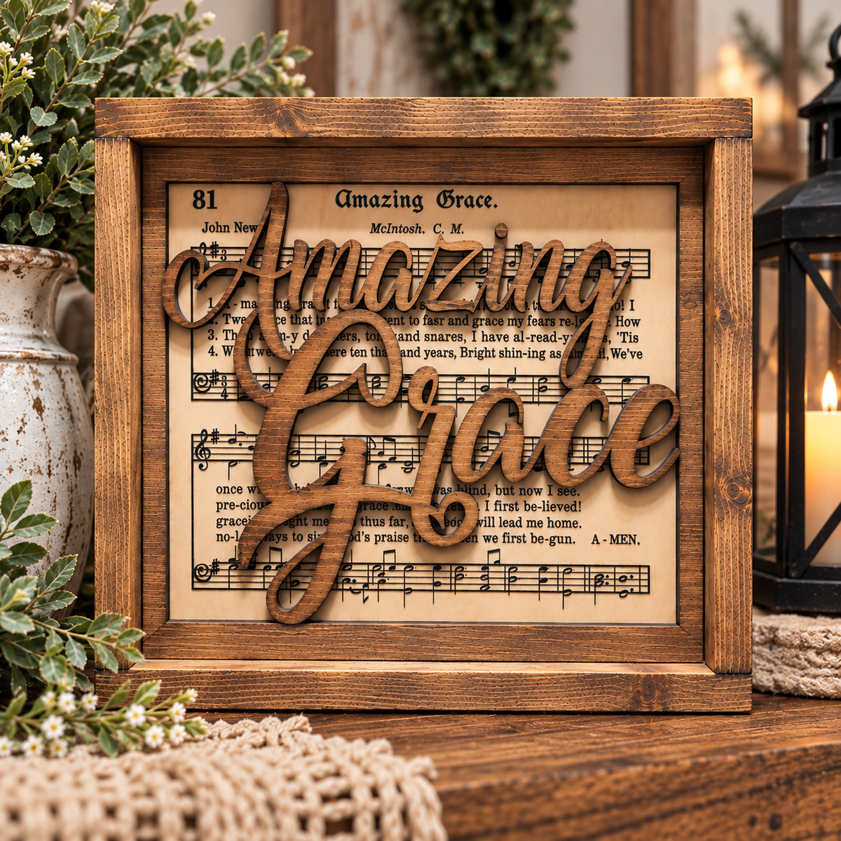 Amazing Grace Wood Sign – 12x12 Rustic Farmhouse Christian Décor