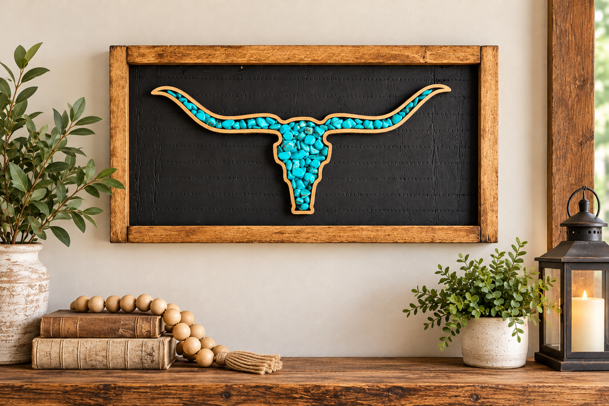 Turquoise Longhorn Wood Sign | Rustic Western Wall Decor | Texas Ranch Decor